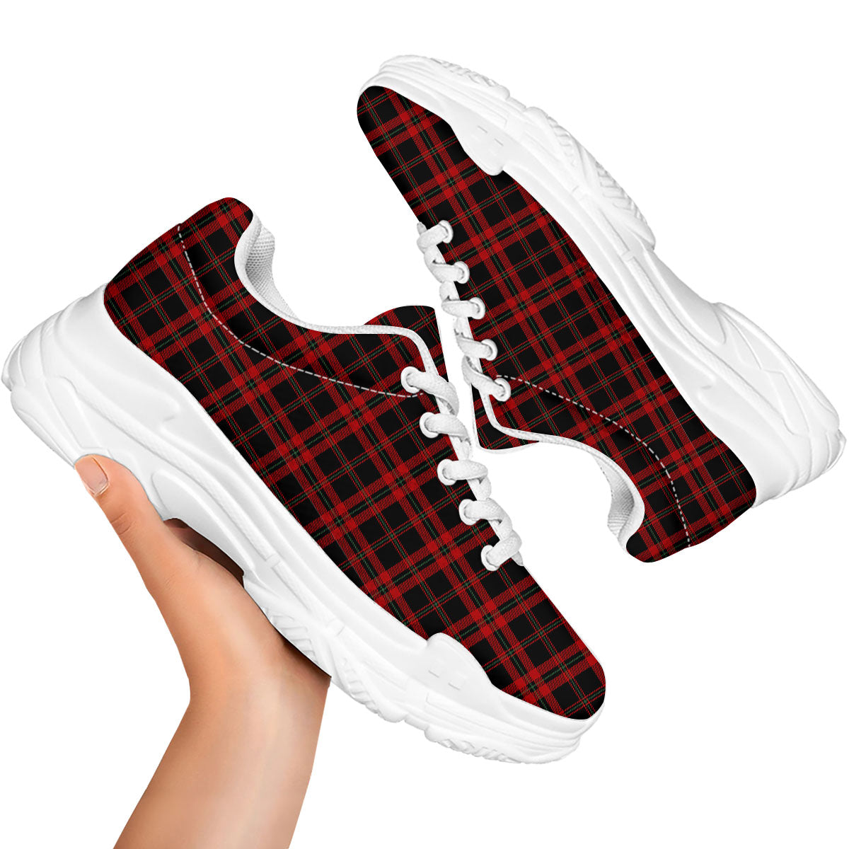 Black Green And Red Tartan Print Pattern White Chunky Shoes-grizzshop