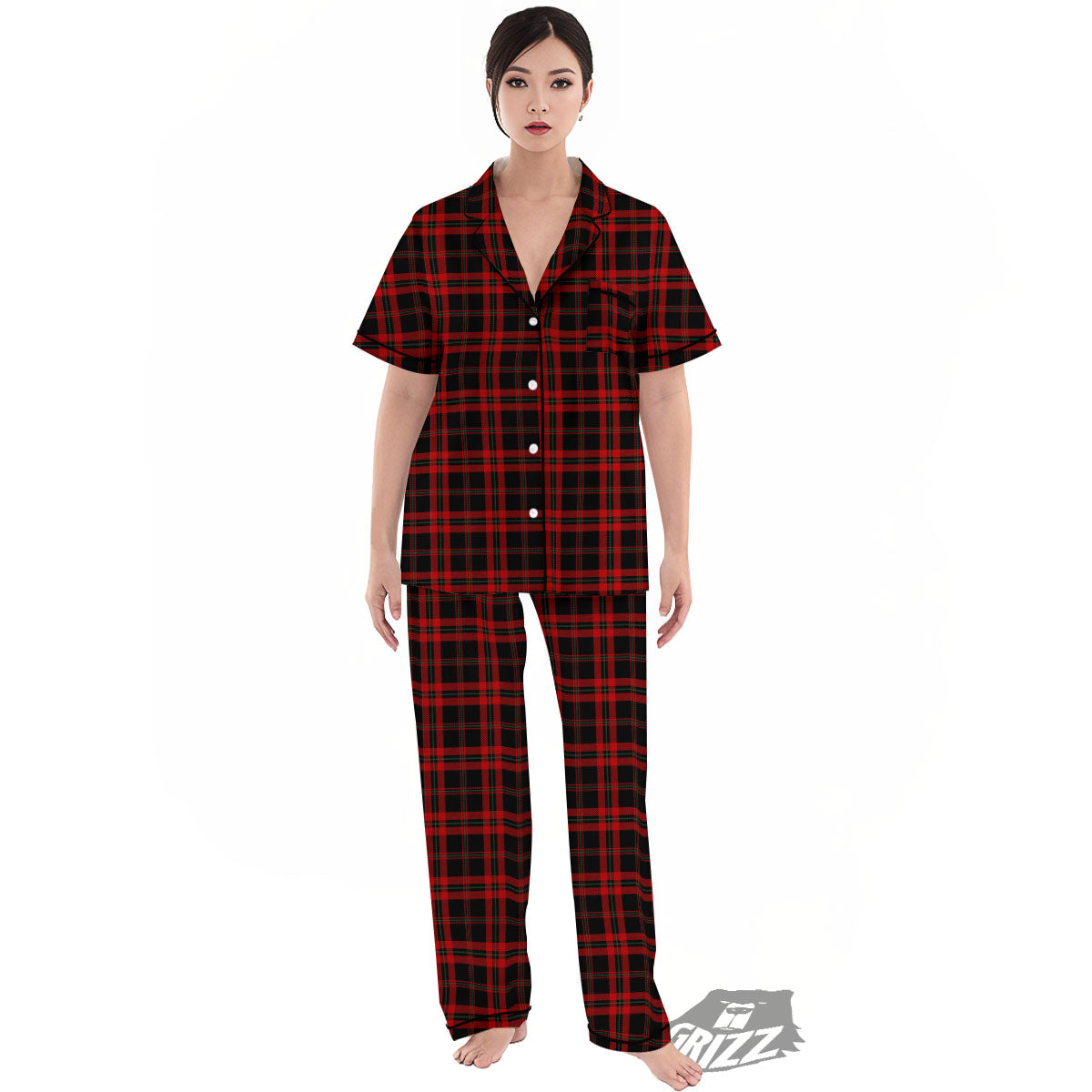 Black Green And Red Tartan Print Pattern Women's Pajamas Set-grizzshop