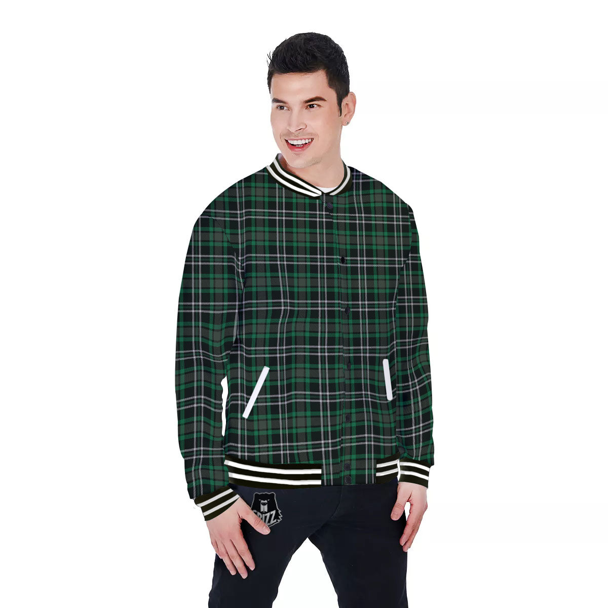 Black Green And White Tartan Print Baseball Jacket-grizzshop