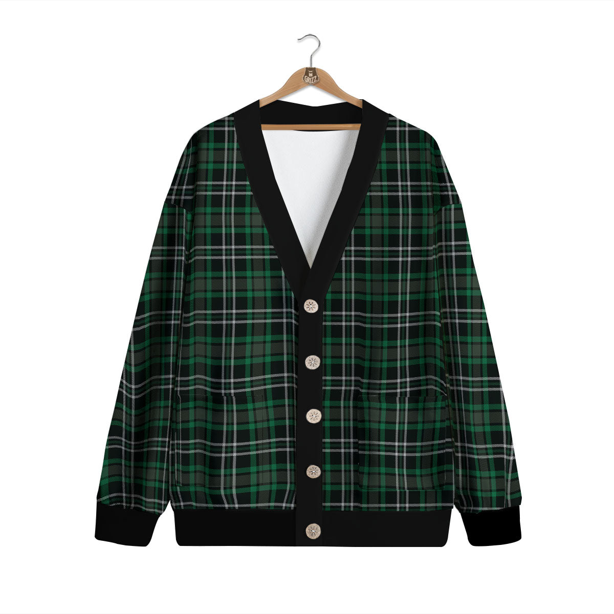 Black Green And White Tartan Print Cardigan-grizzshop