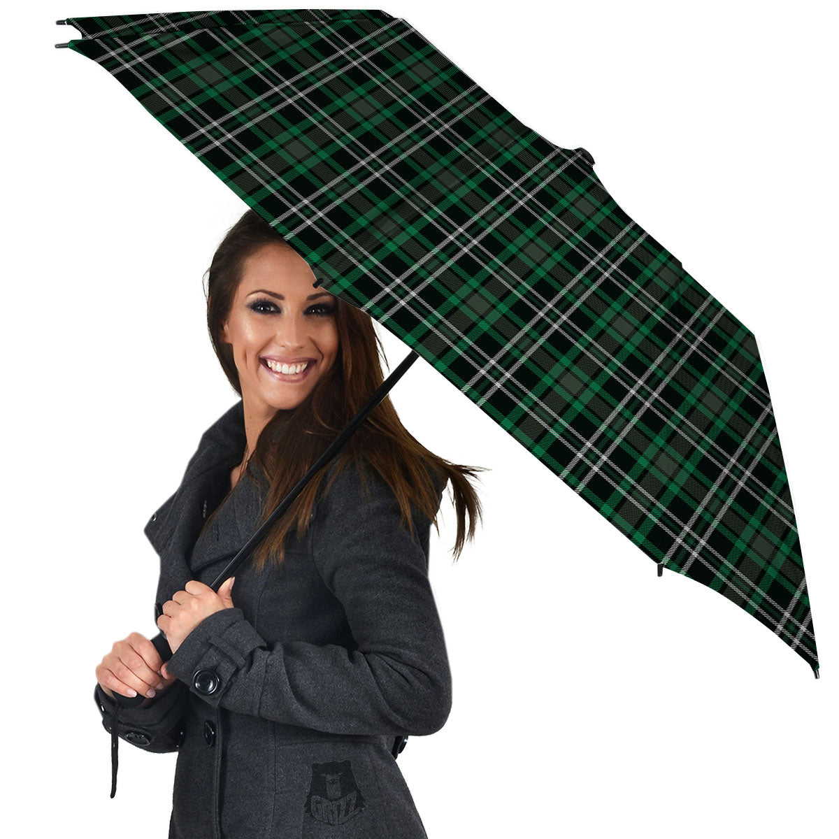 Black Green And White Tartan Print Umbrella-grizzshop