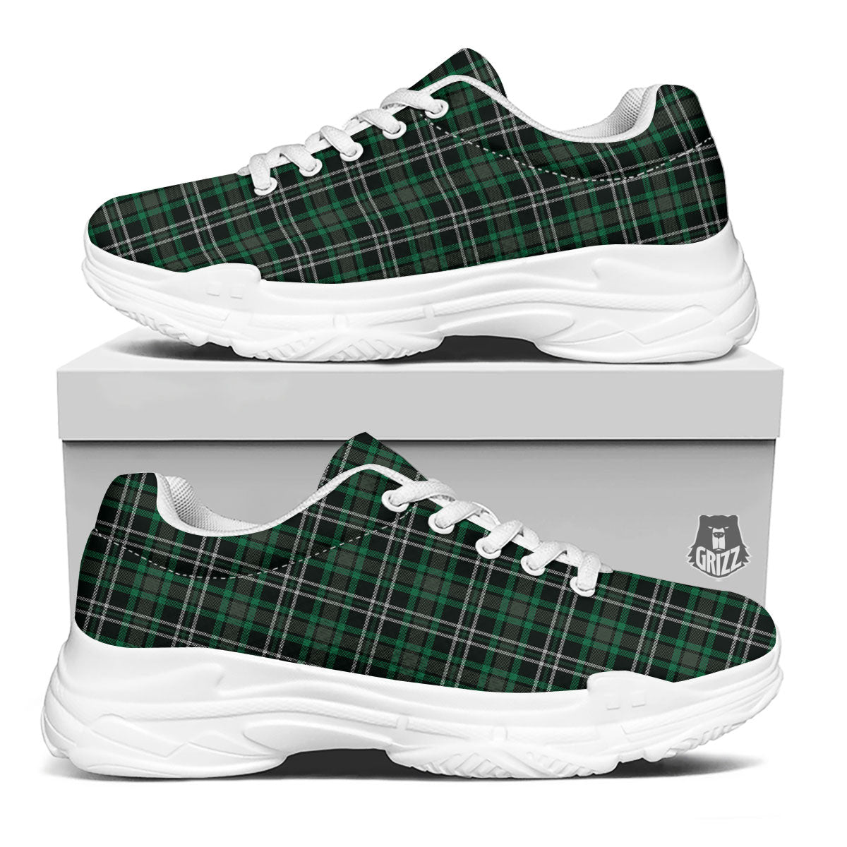 Black Green And White Tartan Print White Chunky Shoes-grizzshop