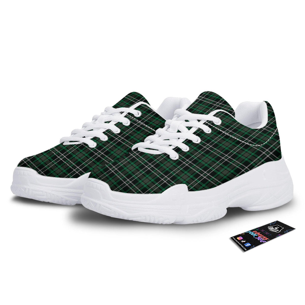 Black Green And White Tartan Print White Chunky Shoes-grizzshop
