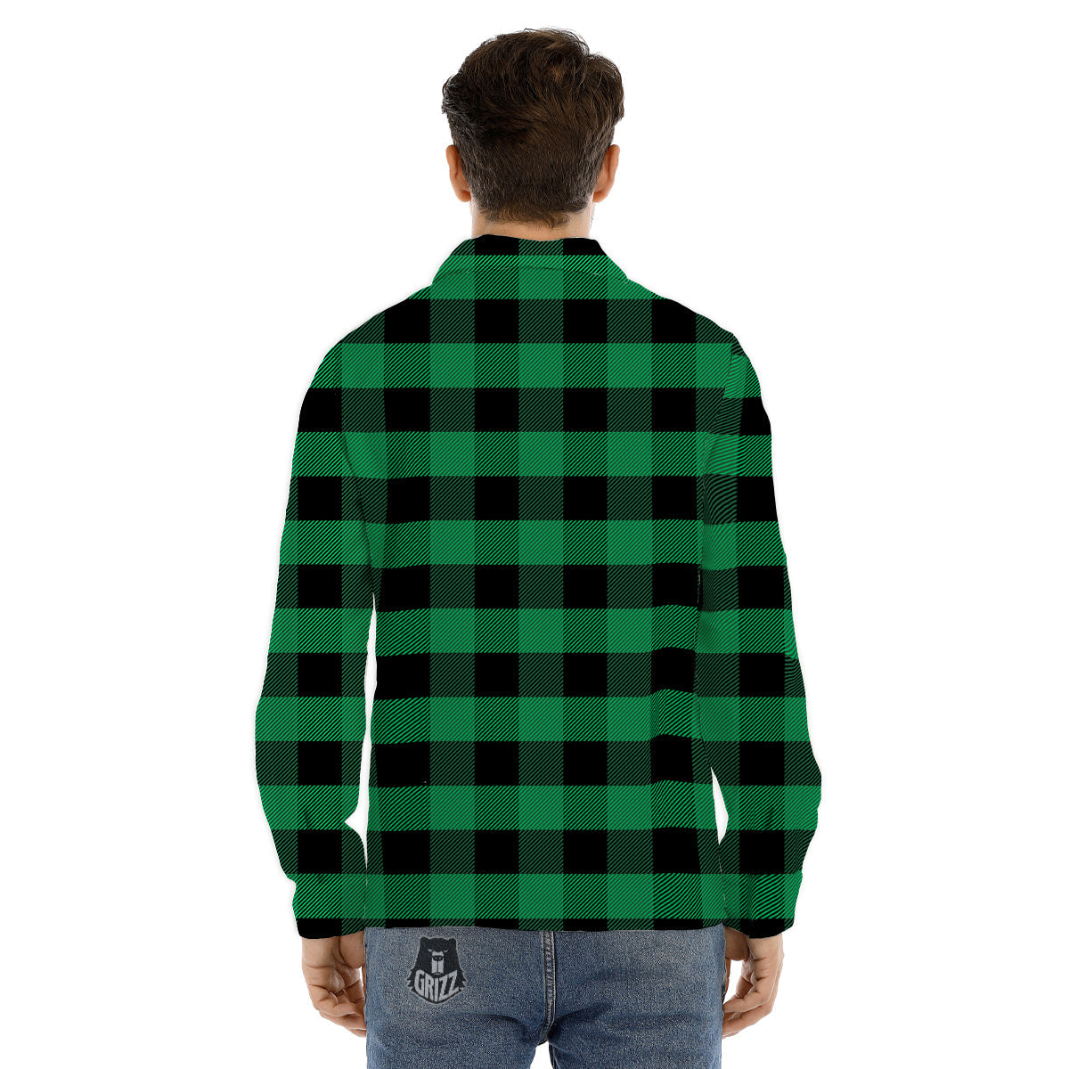 Black Green Buffalo Check And UFO Print Pattern Men's Dress Shirts-grizzshop