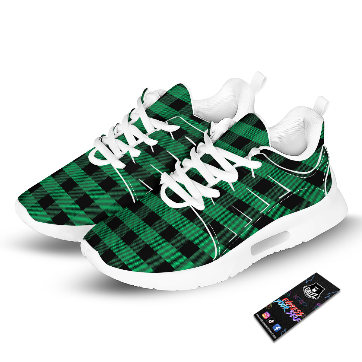 Black Green Buffalo Check And UFO Print Pattern Tennis Shoes-grizzshop
