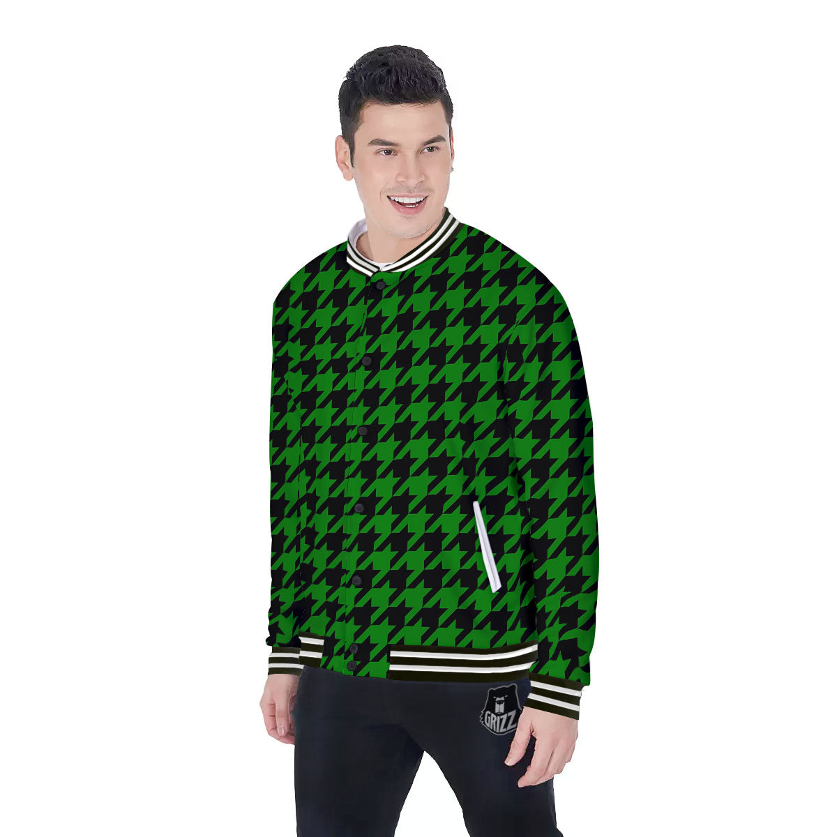 Black Green Jungle Houndstooth Print Baseball Jacket-grizzshop