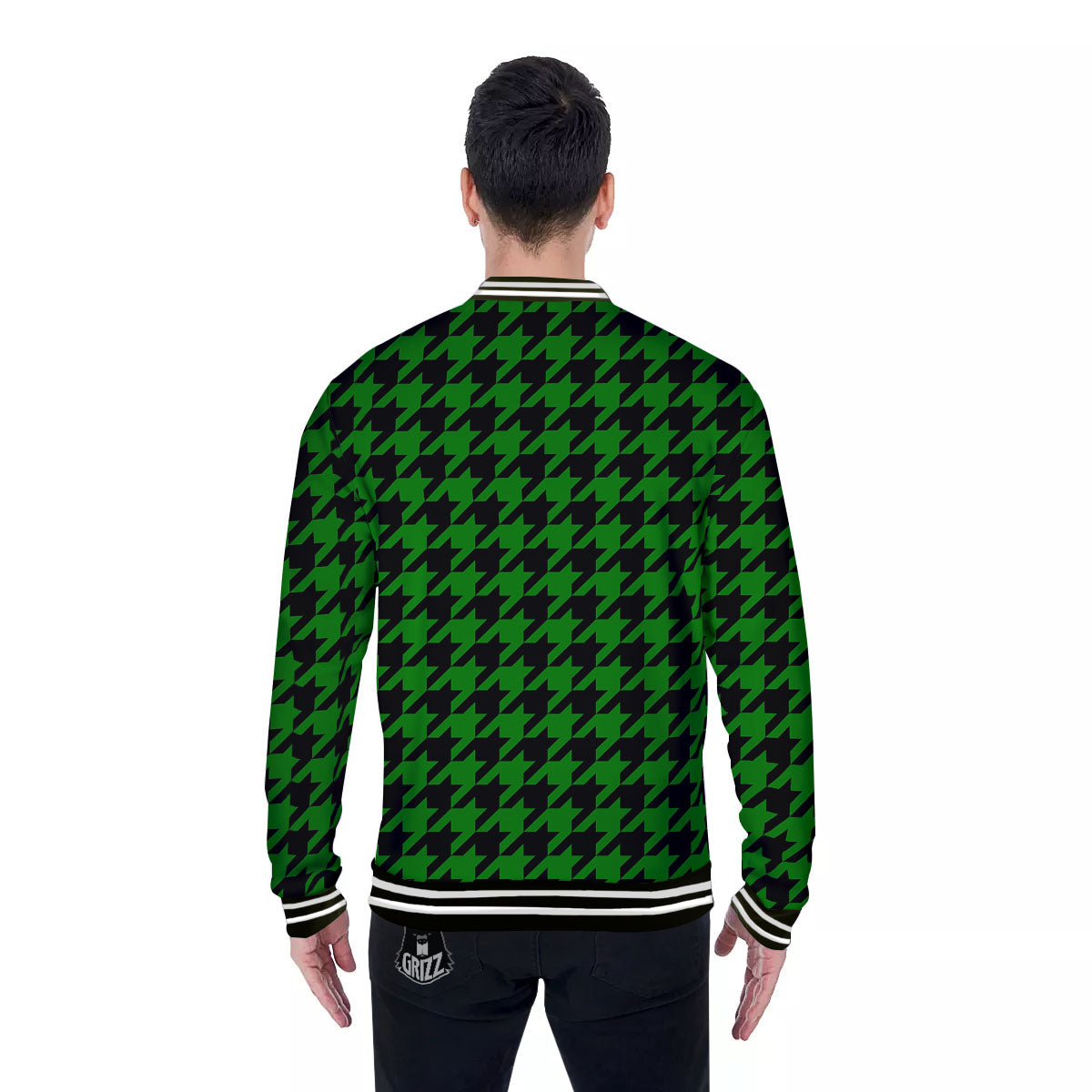 Black Green Jungle Houndstooth Print Baseball Jacket-grizzshop