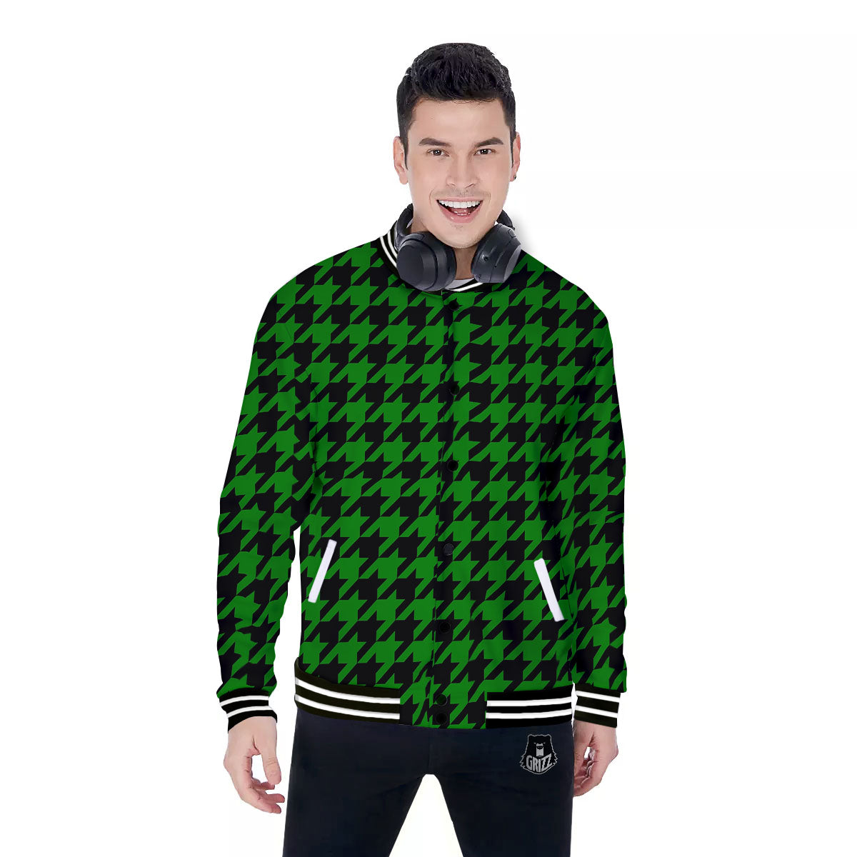Black Green Jungle Houndstooth Print Baseball Jacket-grizzshop