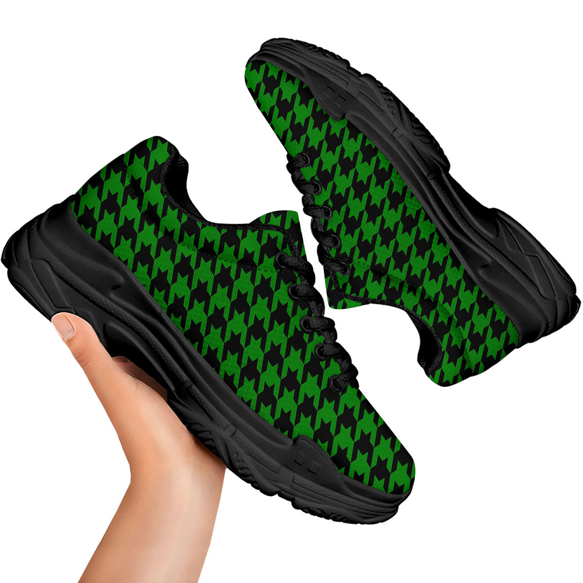 Black Green Jungle Houndstooth Print Black Chunky Shoes-grizzshop