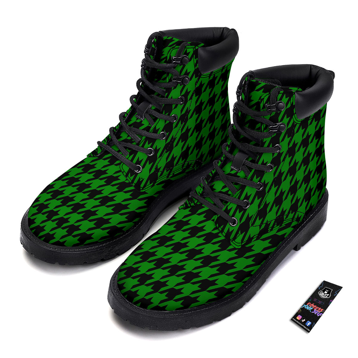 Black Green Jungle Houndstooth Print Boots-grizzshop