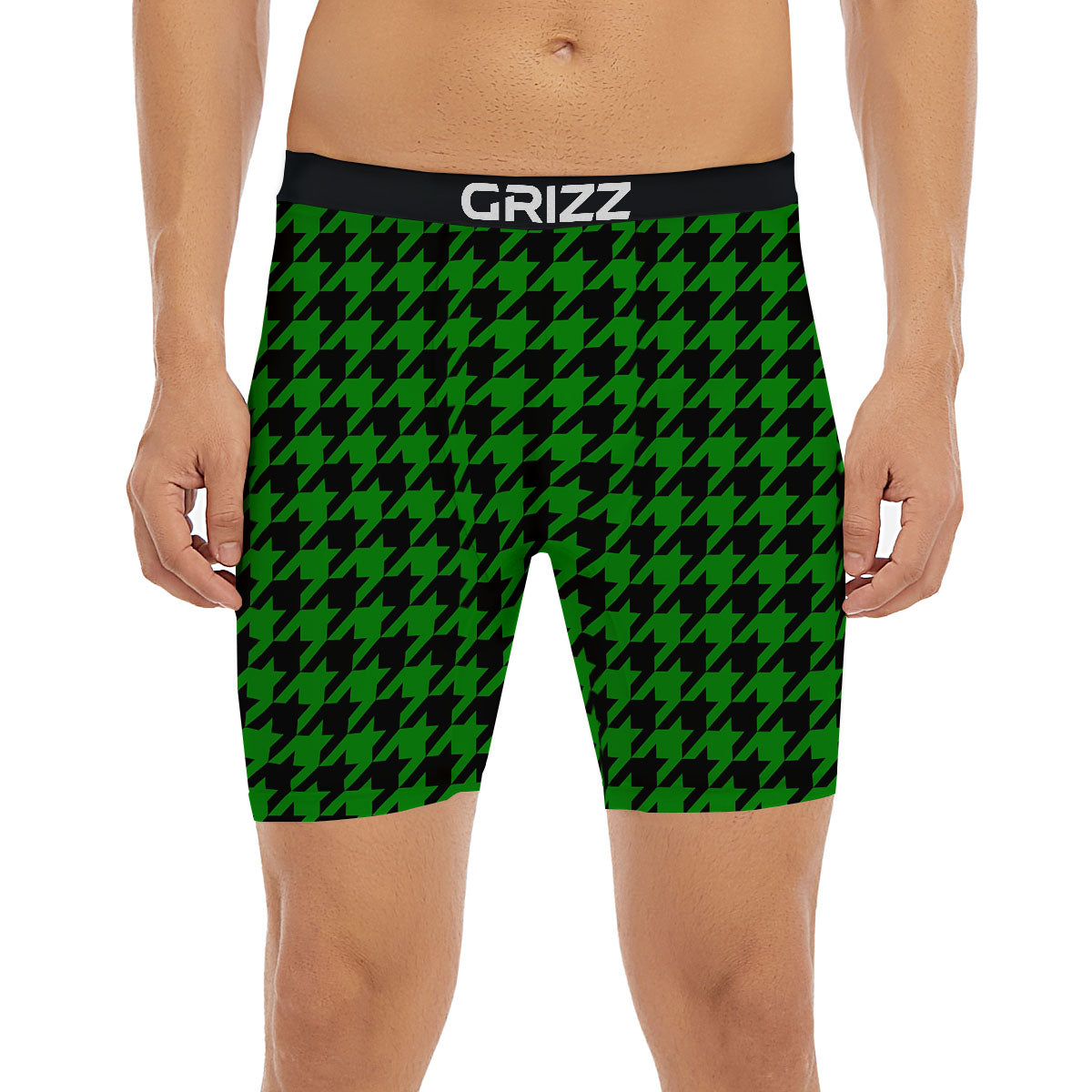 Black Green Jungle Houndstooth Print Boxer Briefs-grizzshop