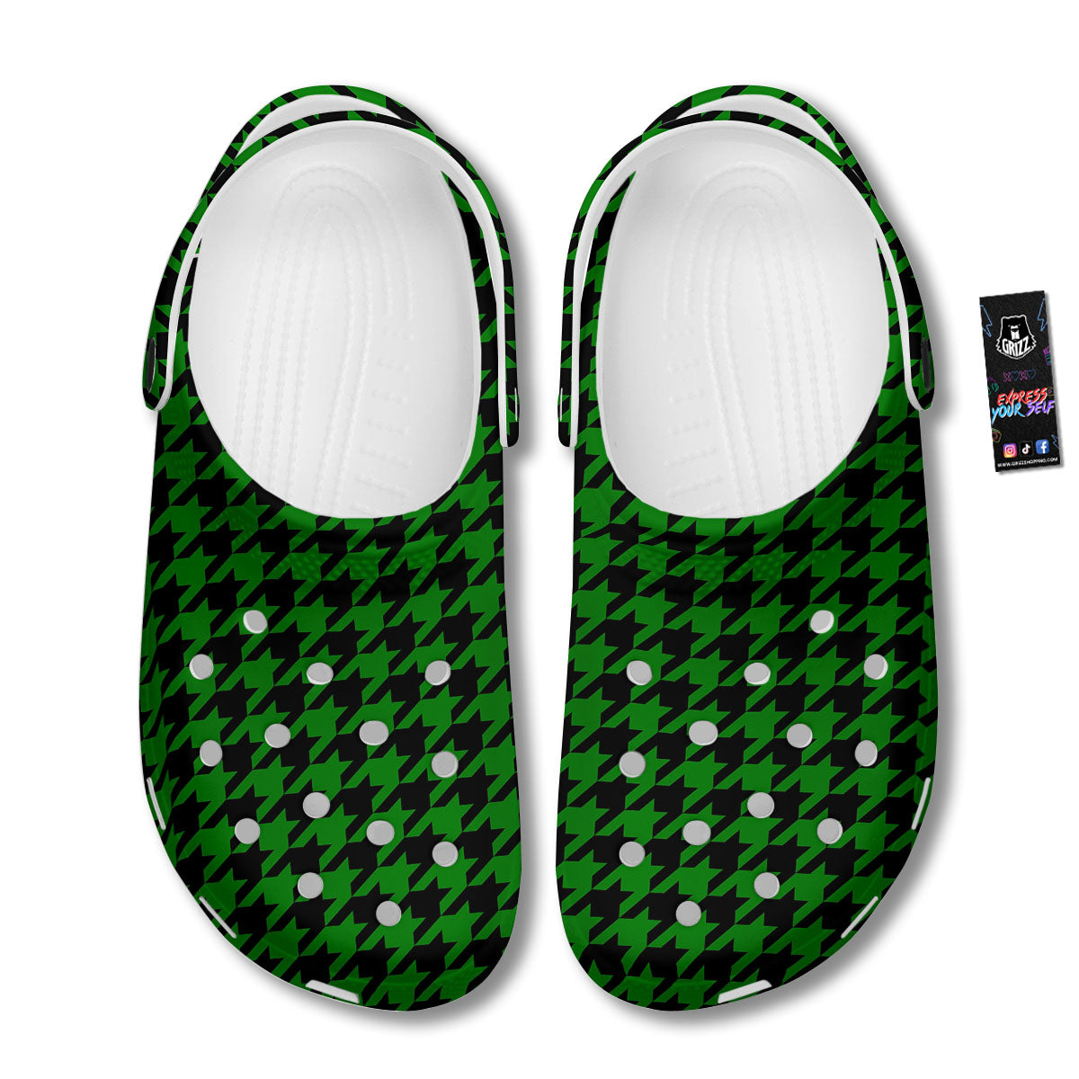 Black Green Jungle Houndstooth Print Clog-grizzshop