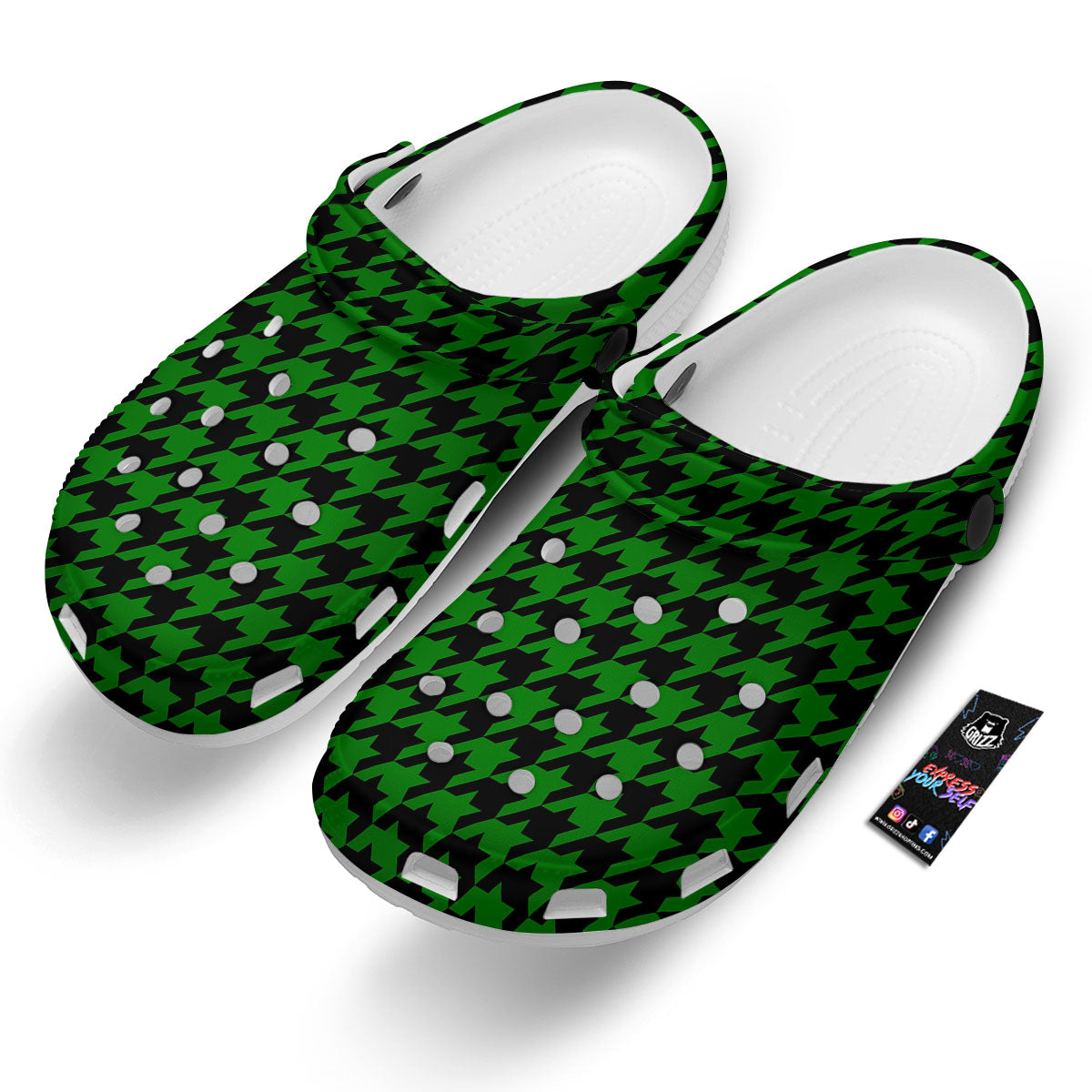 Black Green Jungle Houndstooth Print Clog-grizzshop