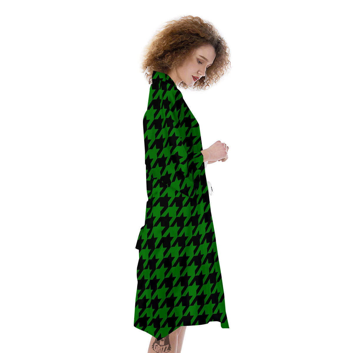Black Green Jungle Houndstooth Print Kimono-grizzshop