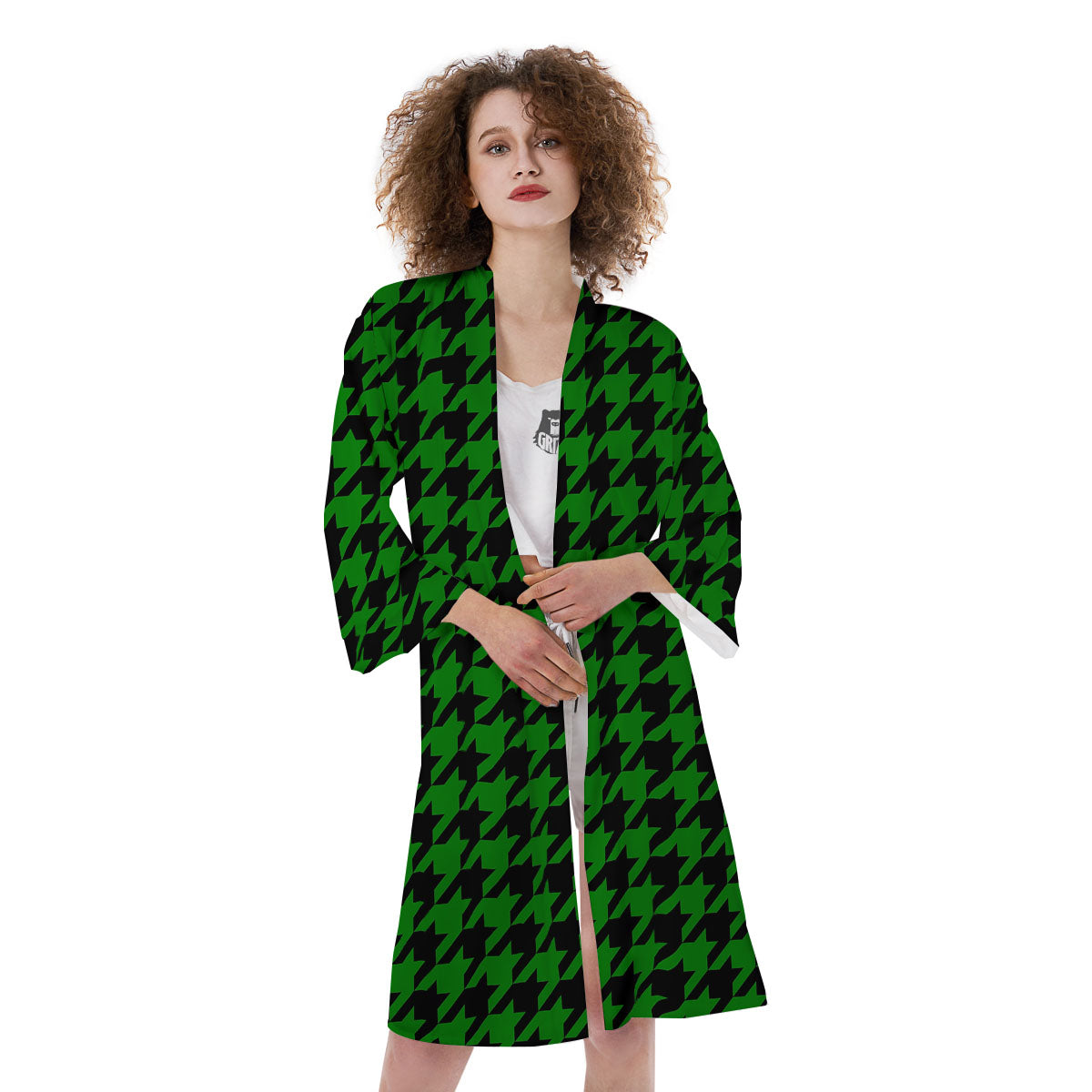 Black Green Jungle Houndstooth Print Kimono-grizzshop