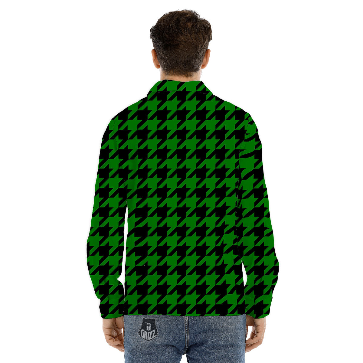 Black Green Jungle Houndstooth Print Men's Dress Shirts-grizzshop