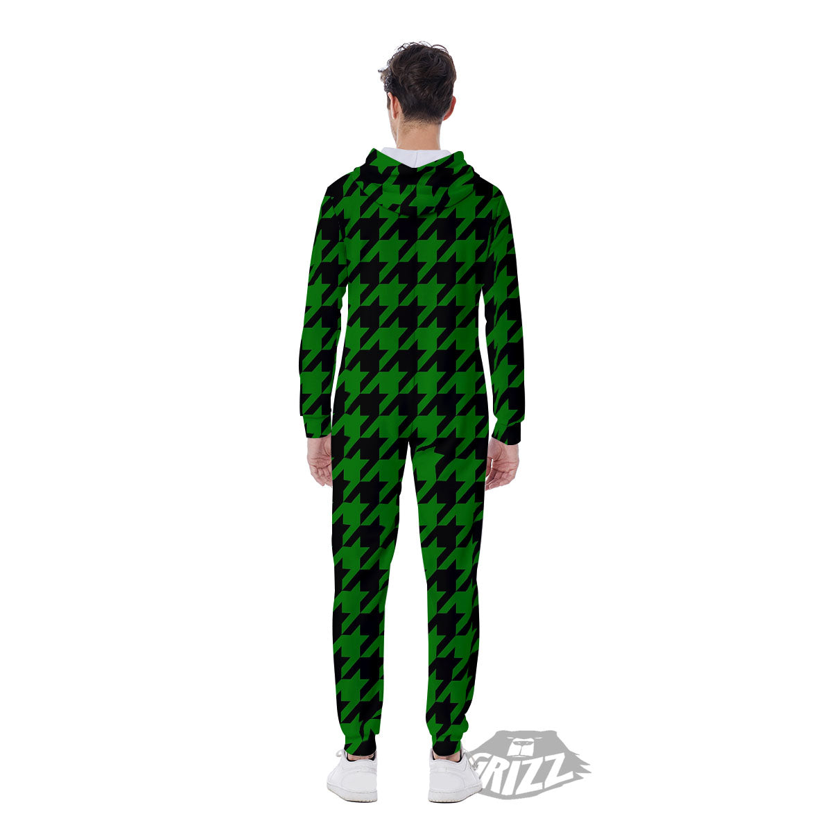 Black Green Jungle Houndstooth Print Men's Jumpsuit-grizzshop