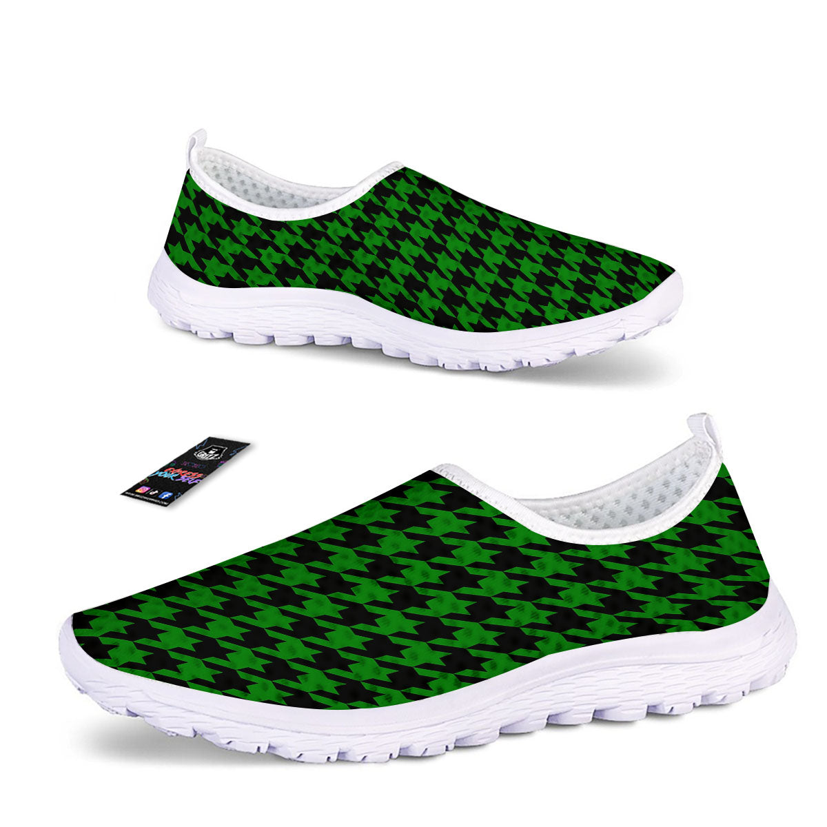 Black Green Jungle Houndstooth Print Nurse Shoes-grizzshop