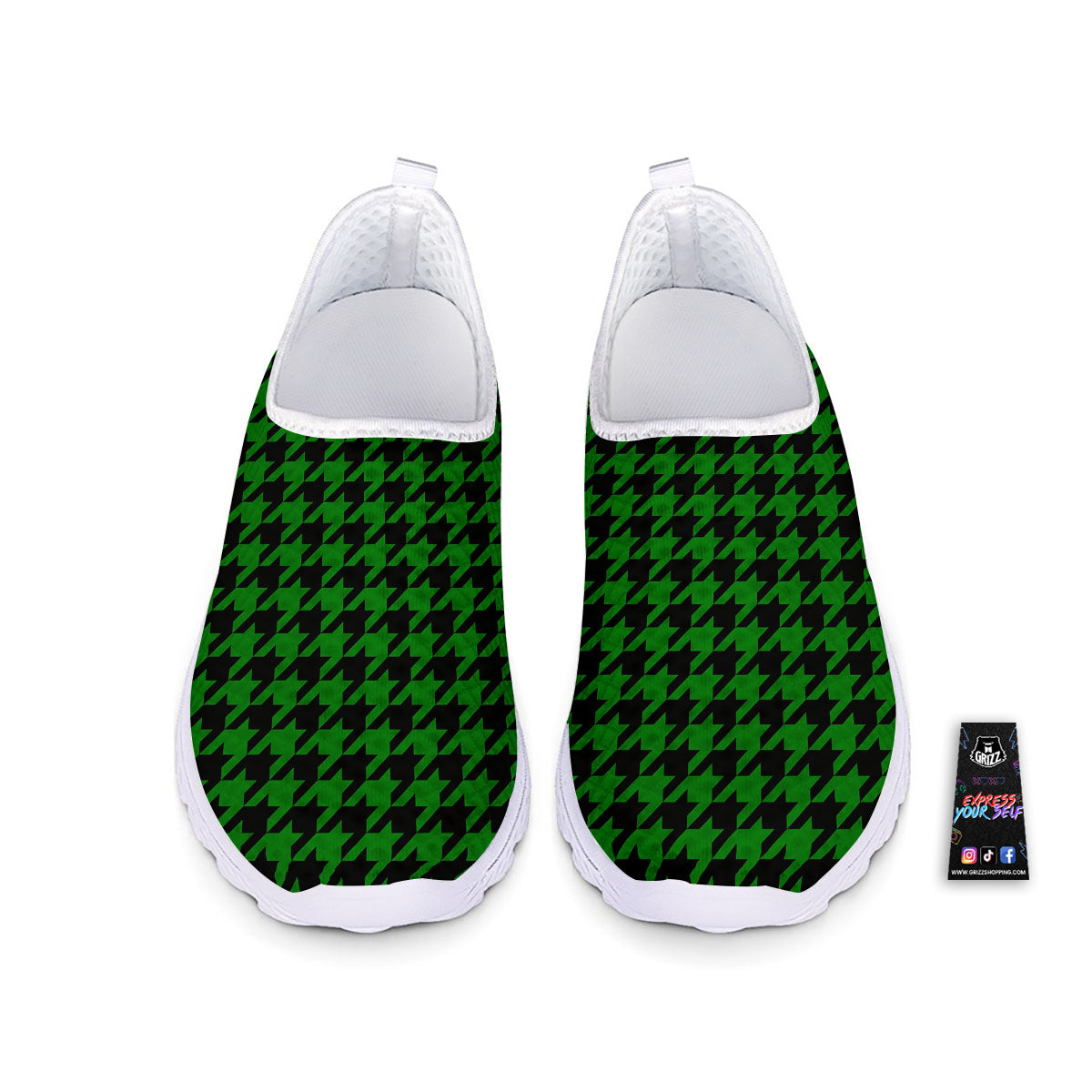 Black Green Jungle Houndstooth Print Nurse Shoes-grizzshop