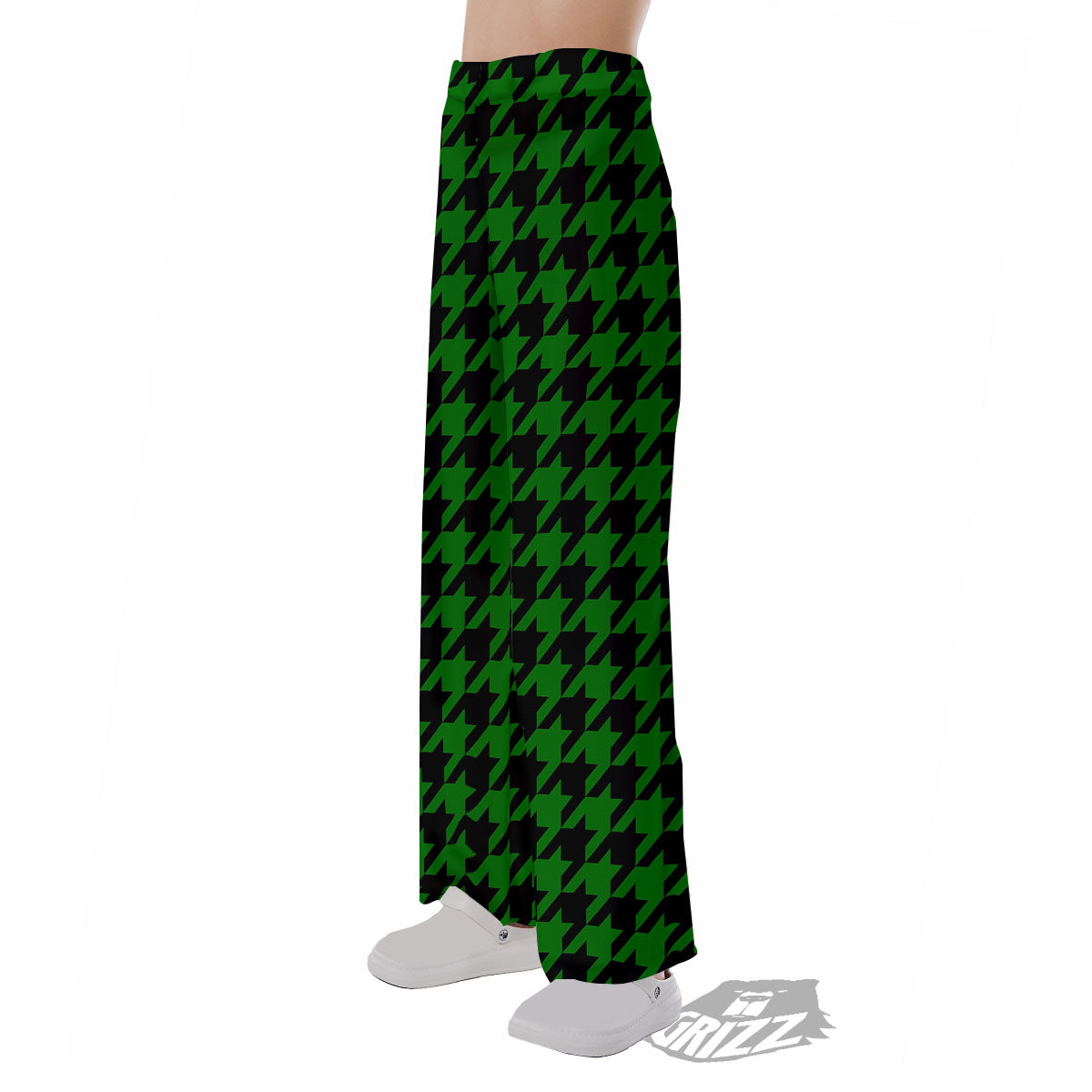 Black Green Jungle Houndstooth Print Pajama Pants-grizzshop