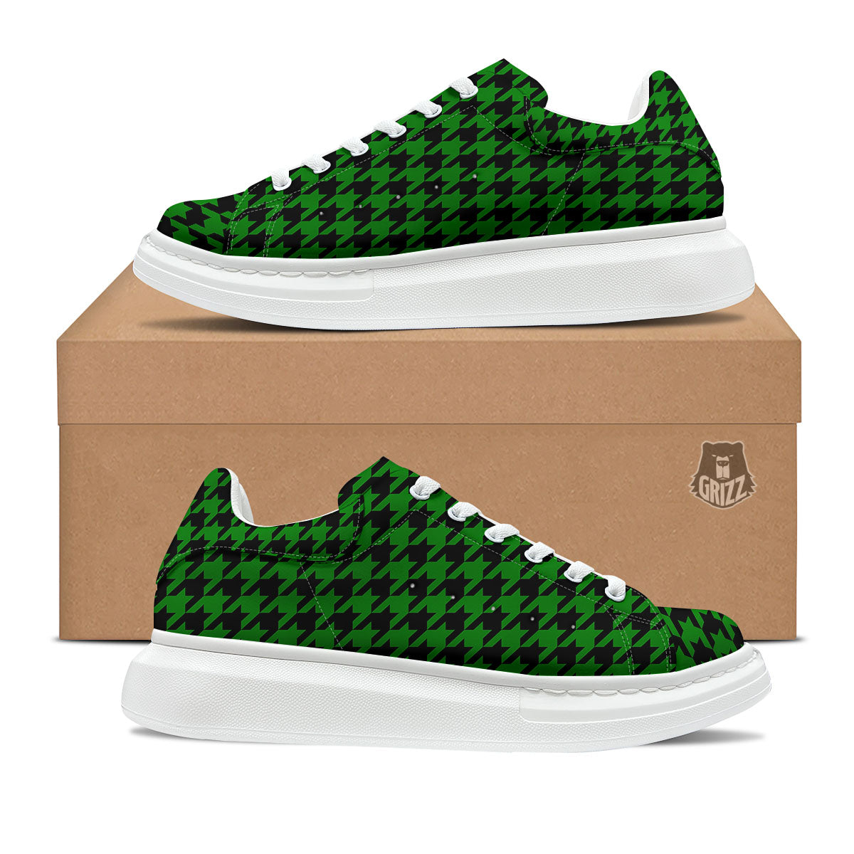 Black Green Jungle Houndstooth Print Platform Shoes-grizzshop