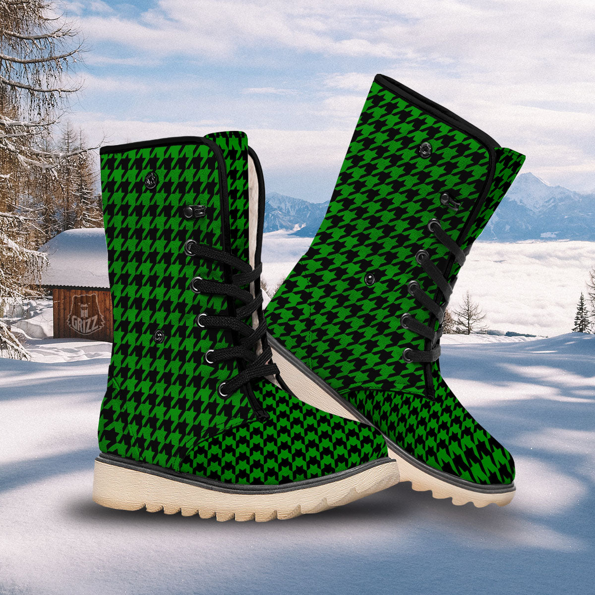 Black Green Jungle Houndstooth Print Snow Boots-grizzshop