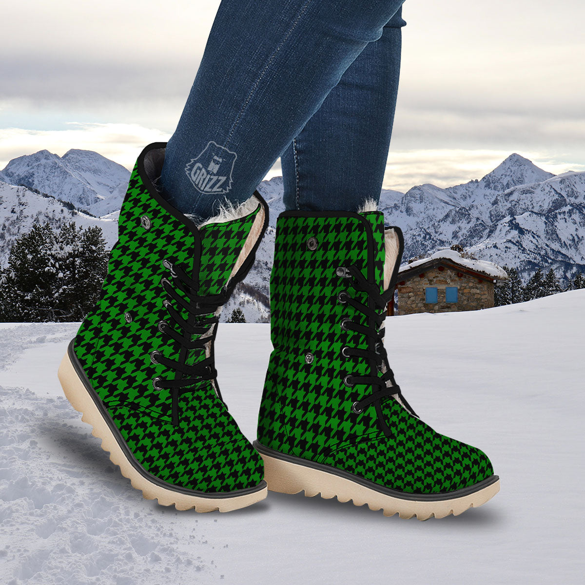 Black Green Jungle Houndstooth Print Snow Boots-grizzshop
