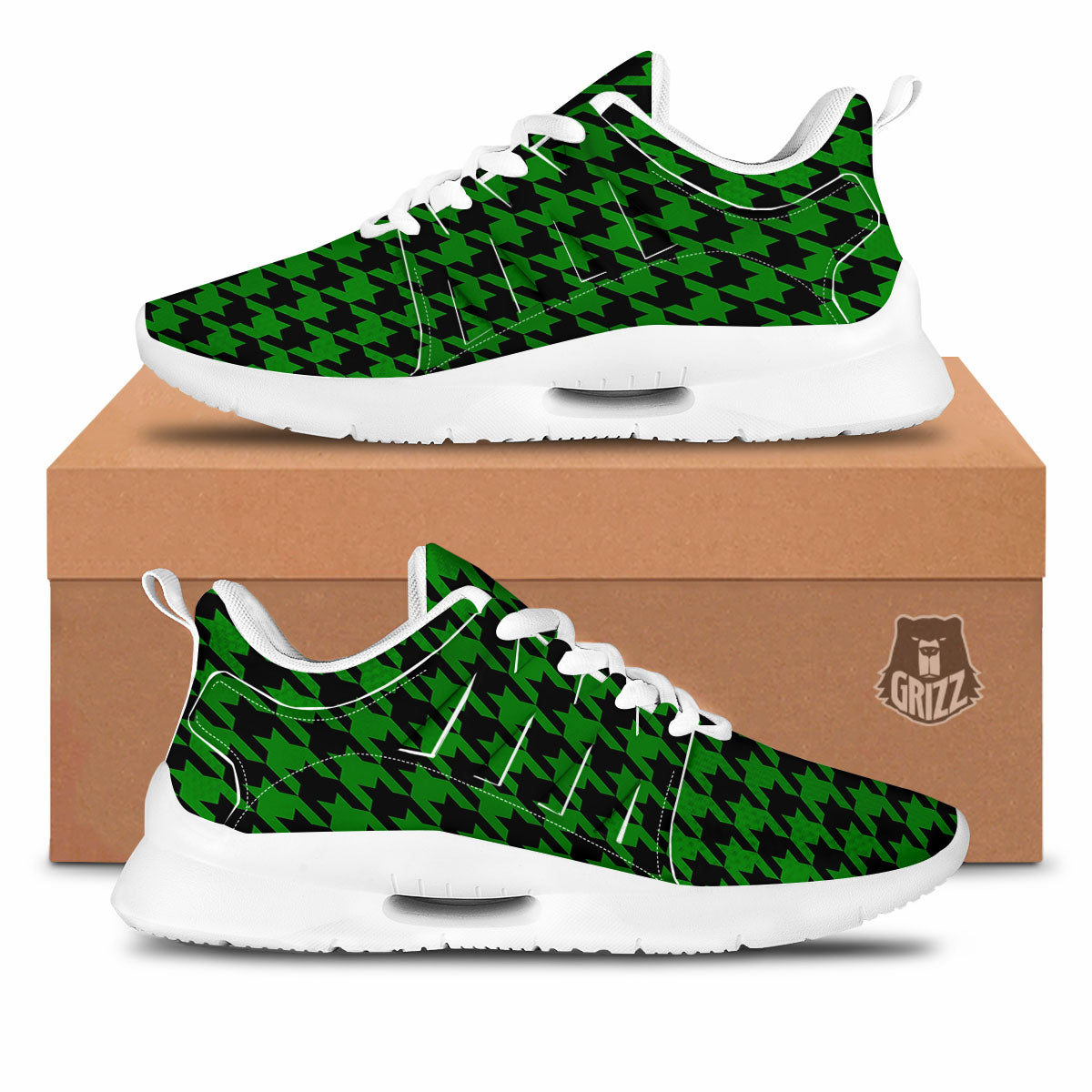 Black Green Jungle Houndstooth Print Tennis Shoes-grizzshop