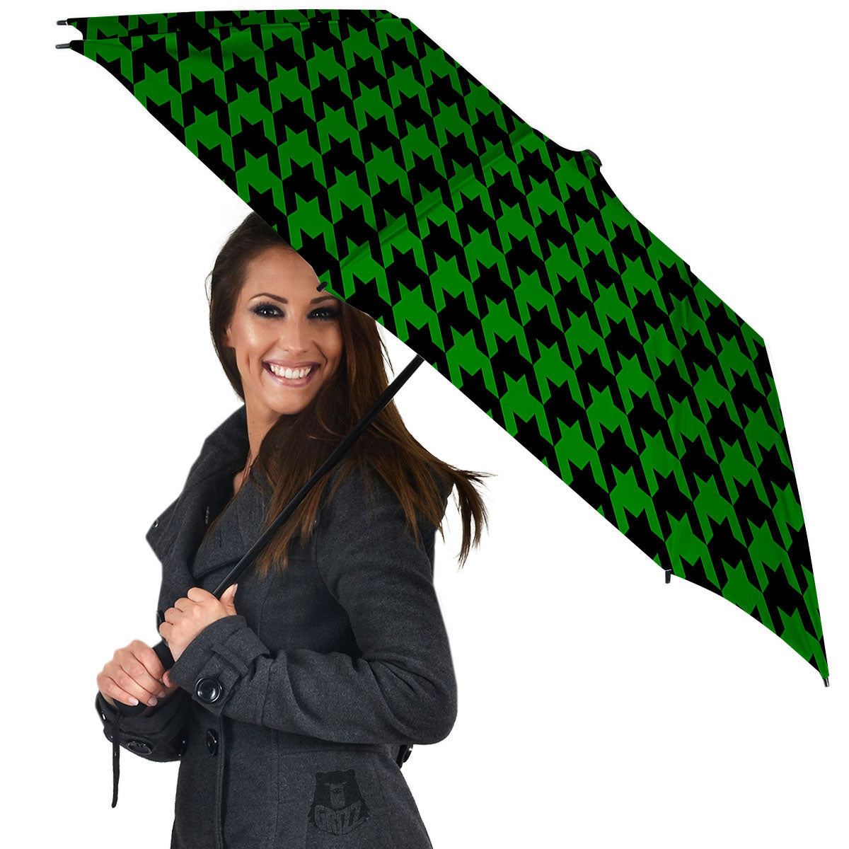 Black Green Jungle Houndstooth Print Umbrella-grizzshop