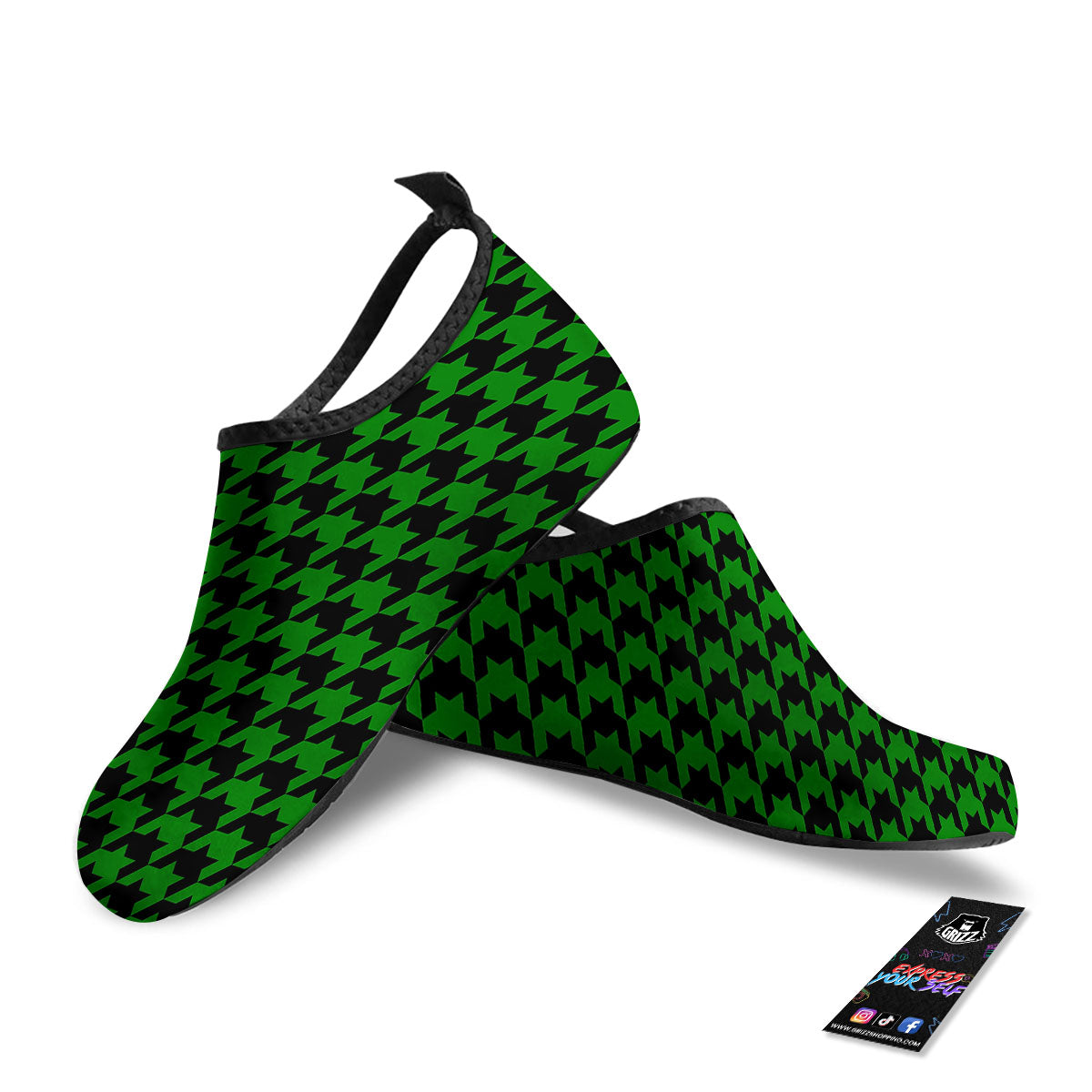 Black Green Jungle Houndstooth Print Water Shoes-grizzshop