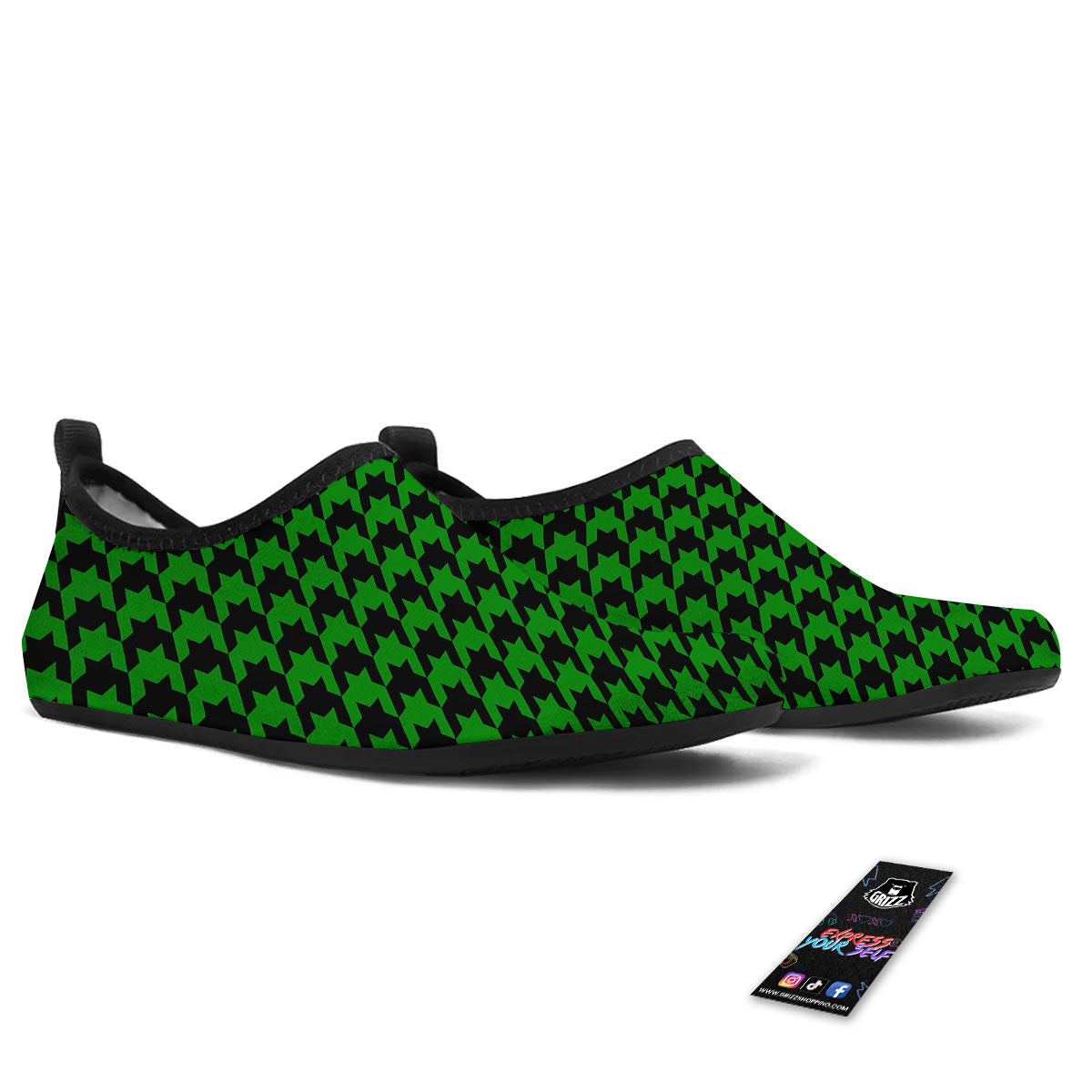 Black Green Jungle Houndstooth Print Water Shoes-grizzshop