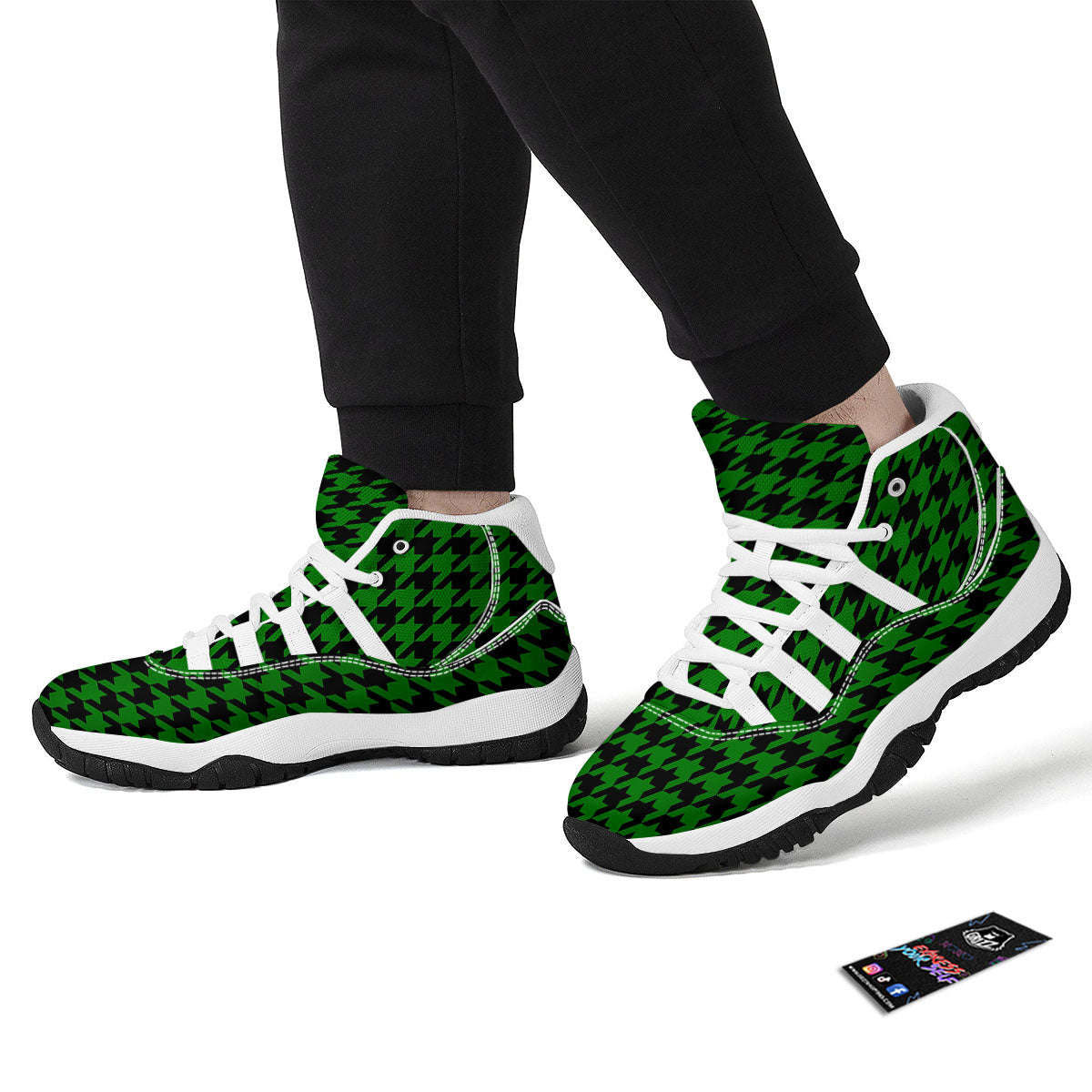 Black Green Jungle Houndstooth Print White Bball Shoes-grizzshop
