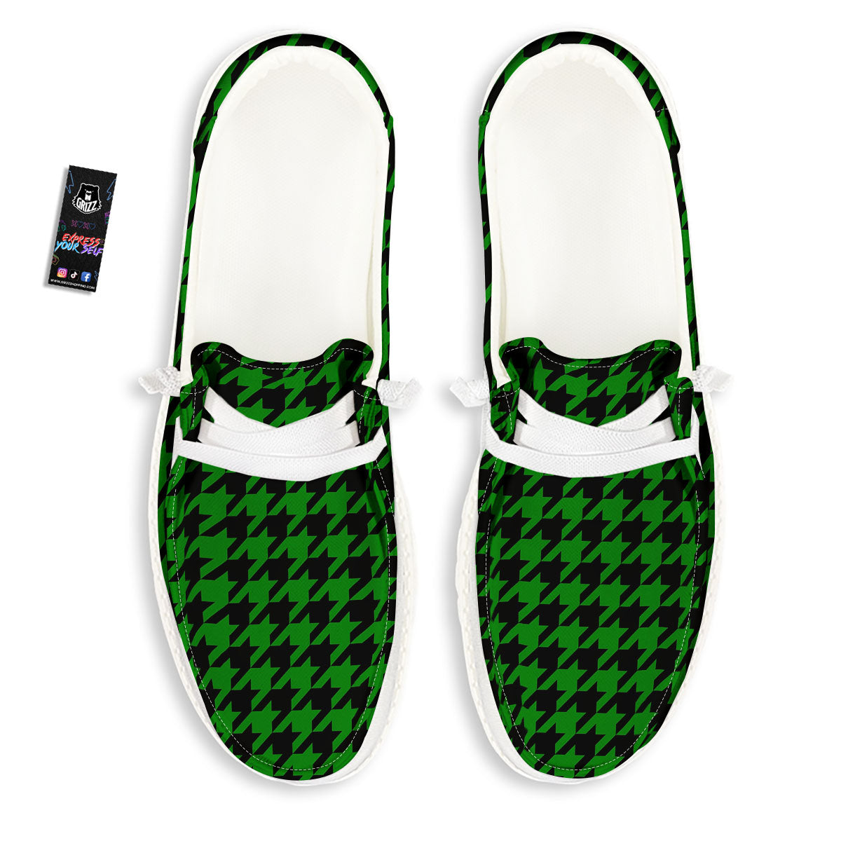 Black Green Jungle Houndstooth Print White Loafers-grizzshop