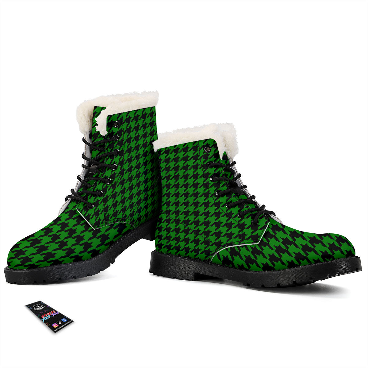 Black Green Jungle Houndstooth Print Winter Boots-grizzshop