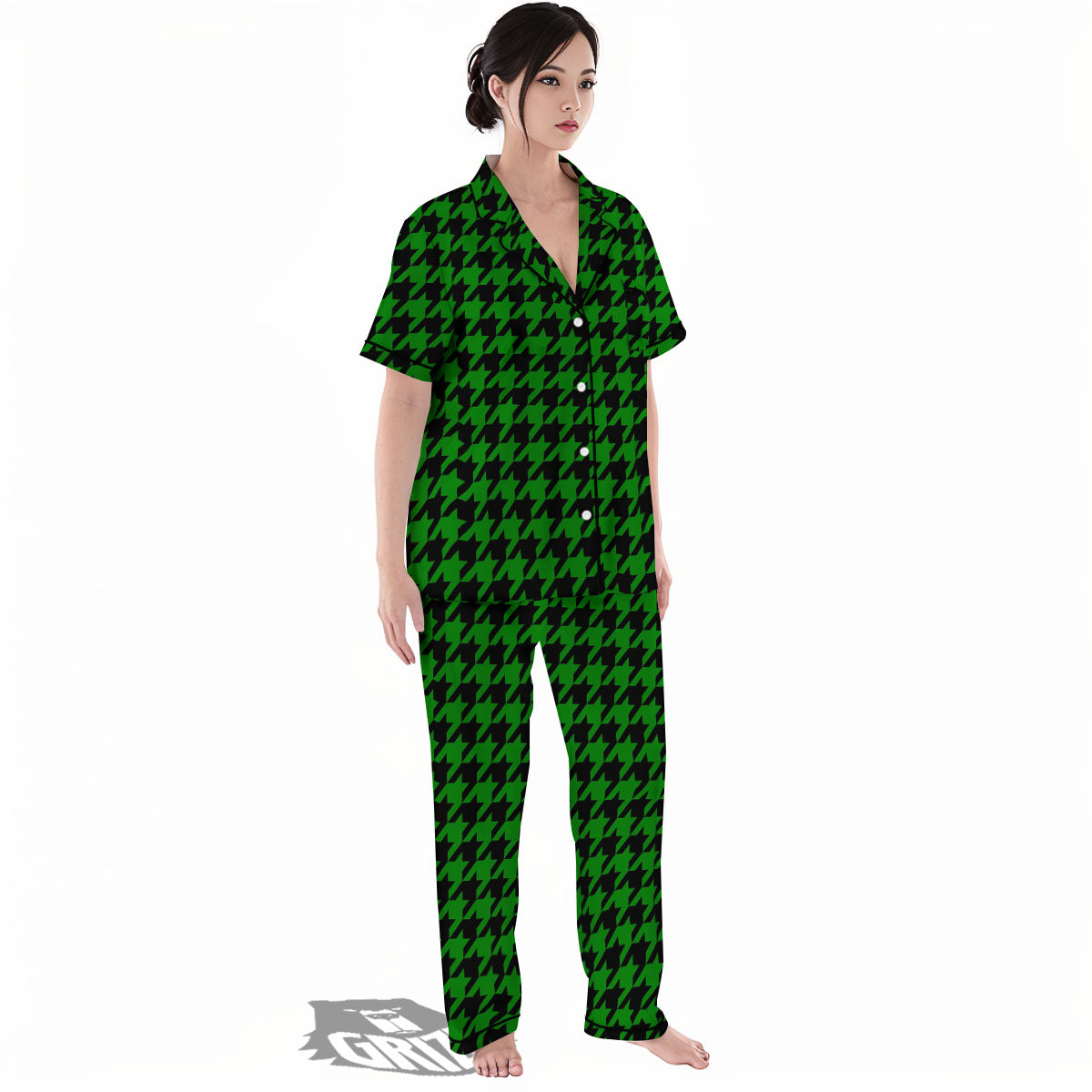 Black Green Jungle Houndstooth Print Women's Pajamas Set-grizzshop