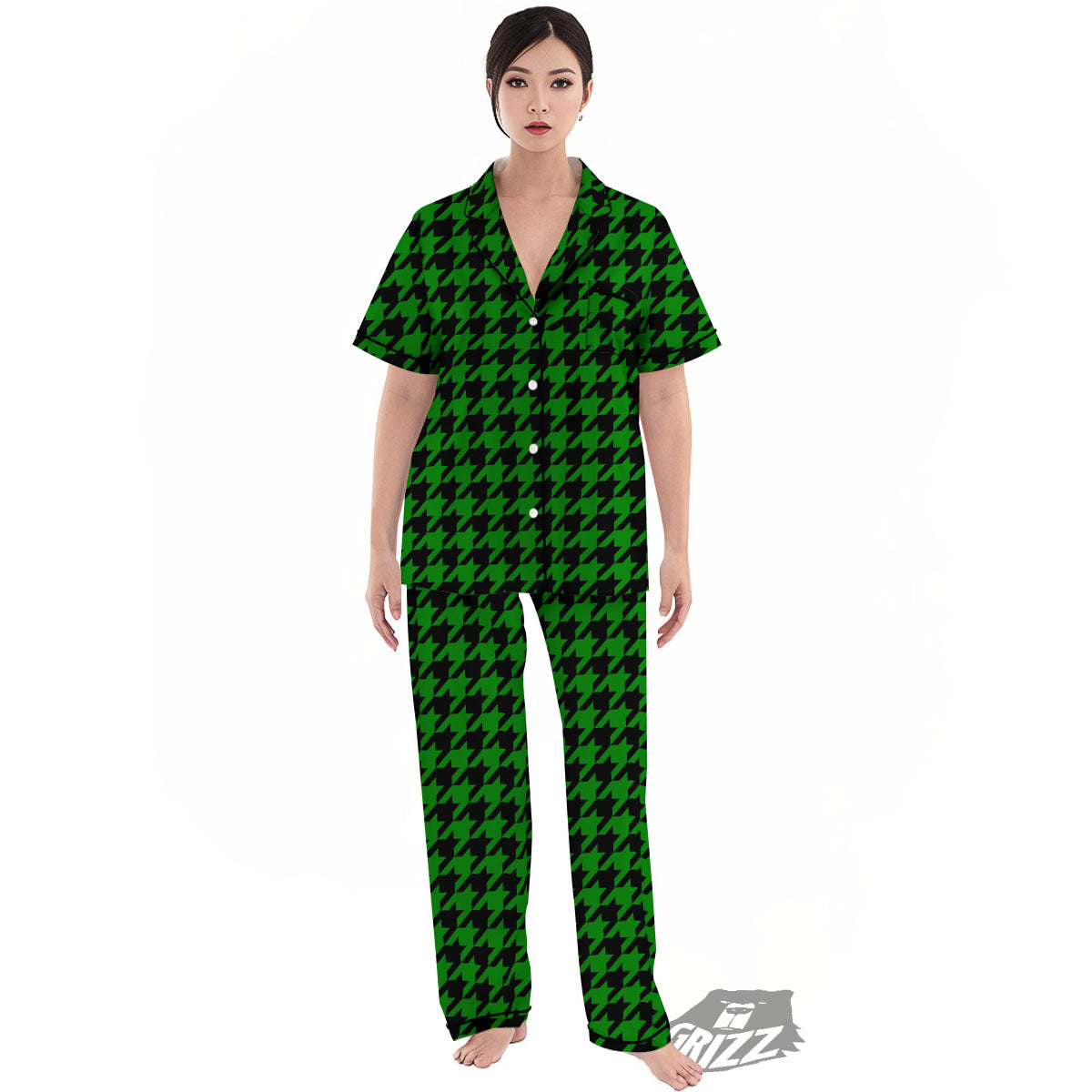 Black Green Jungle Houndstooth Print Women's Pajamas Set-grizzshop