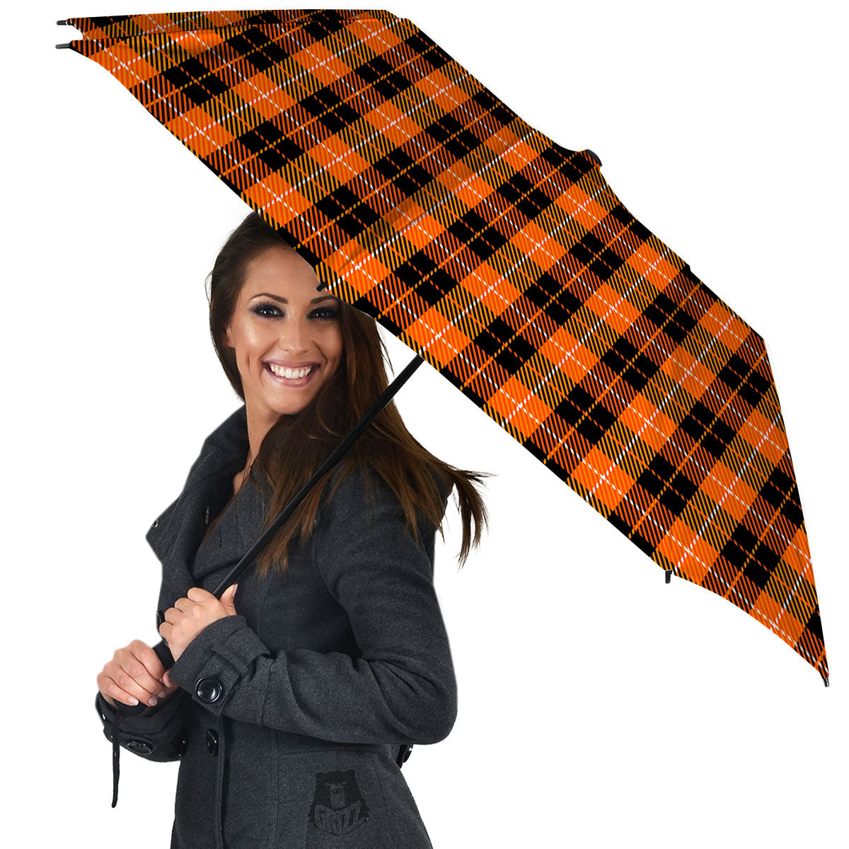 Black Grey Orange And White Plaid Print Umbrella-grizzshop