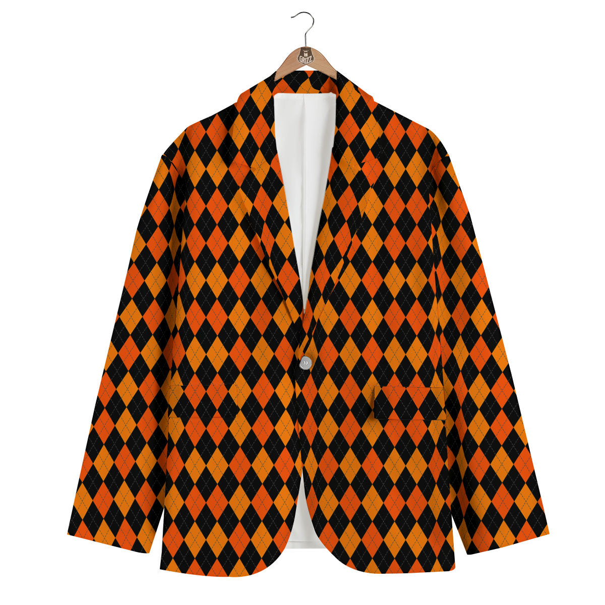 Black Halloween And Orange Argyle Print Men's Blazer-grizzshop