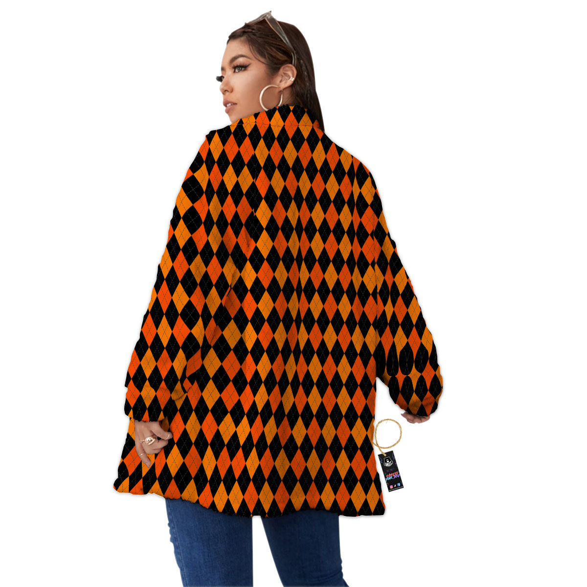 Black Halloween And Orange Argyle Print Women's Sherpa Jacket-grizzshop