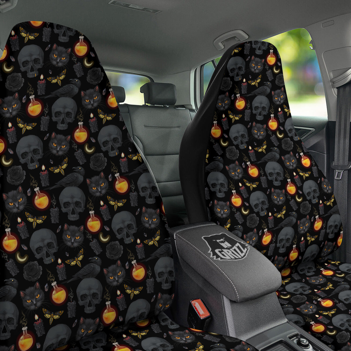Black Head Cat Raven And Skull Print Pattern Car Seat Covers-grizzshop