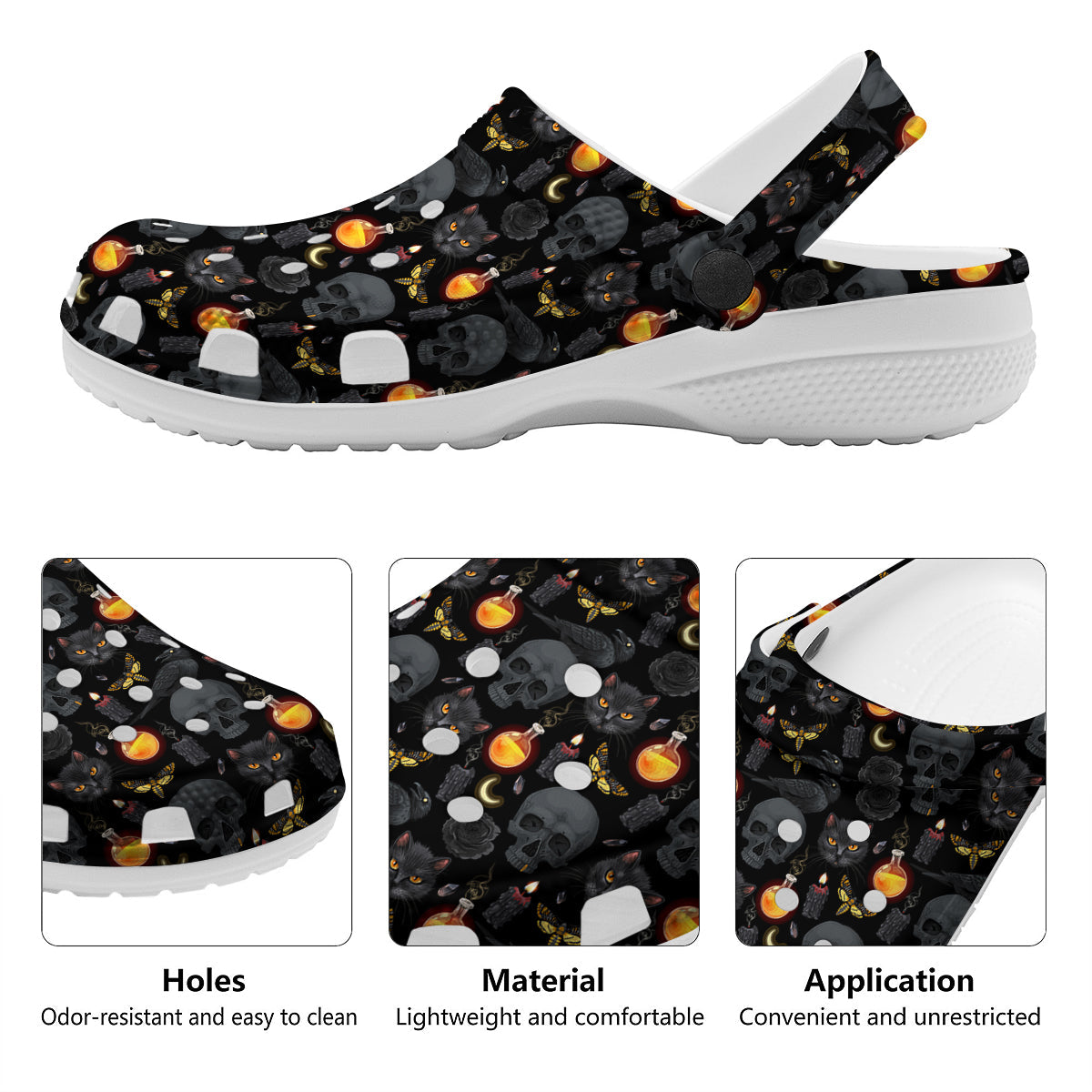 Black Head Cat Raven And Skull Print Pattern Clog-grizzshop