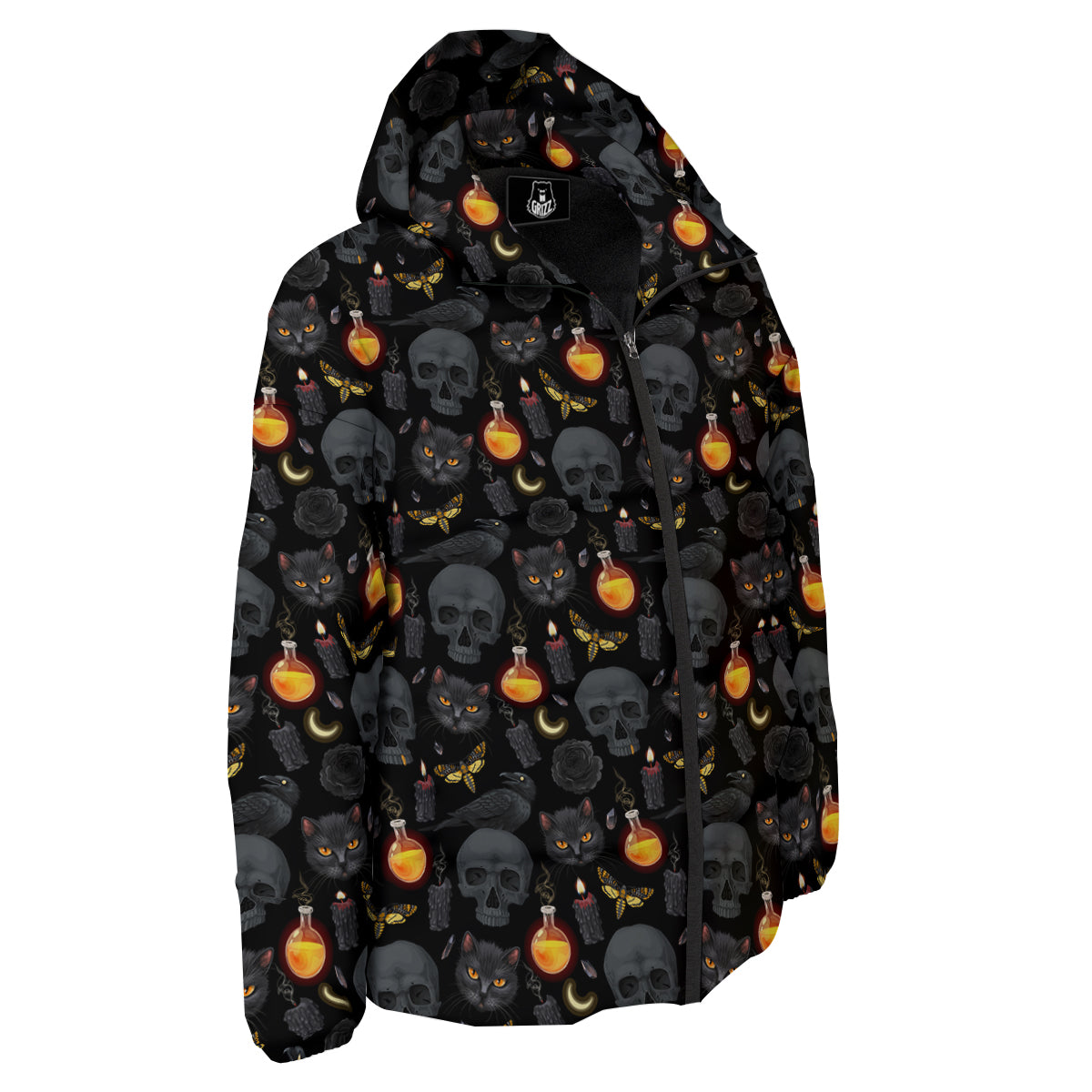 Black Head Cat Raven And Skull Print Pattern Down Jacket-grizzshop