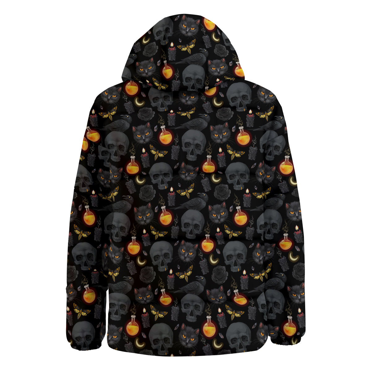 Black Head Cat Raven And Skull Print Pattern Down Jacket-grizzshop