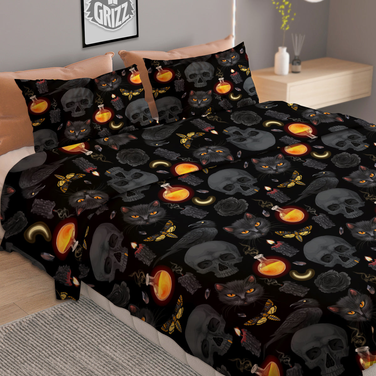 Black Head Cat Raven And Skull Print Pattern Duvet Cover Bedding Set
