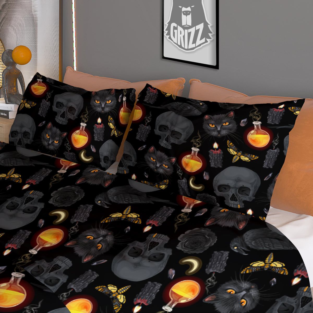 Black Head Cat Raven And Skull Print Pattern Duvet Cover Bedding Set