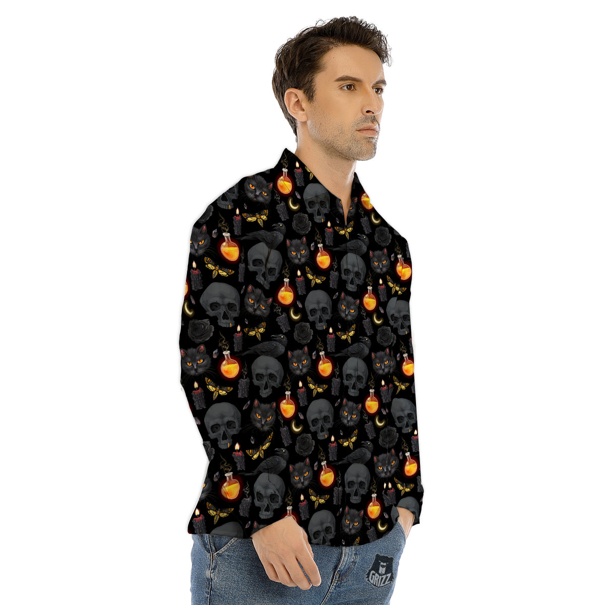 Black Head Cat Raven And Skull Print Pattern Men's Dress Shirts-grizzshop