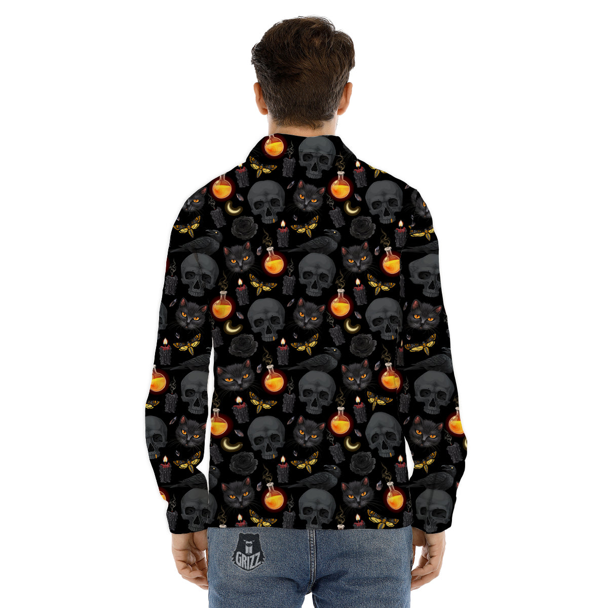 Black Head Cat Raven And Skull Print Pattern Men's Dress Shirts-grizzshop