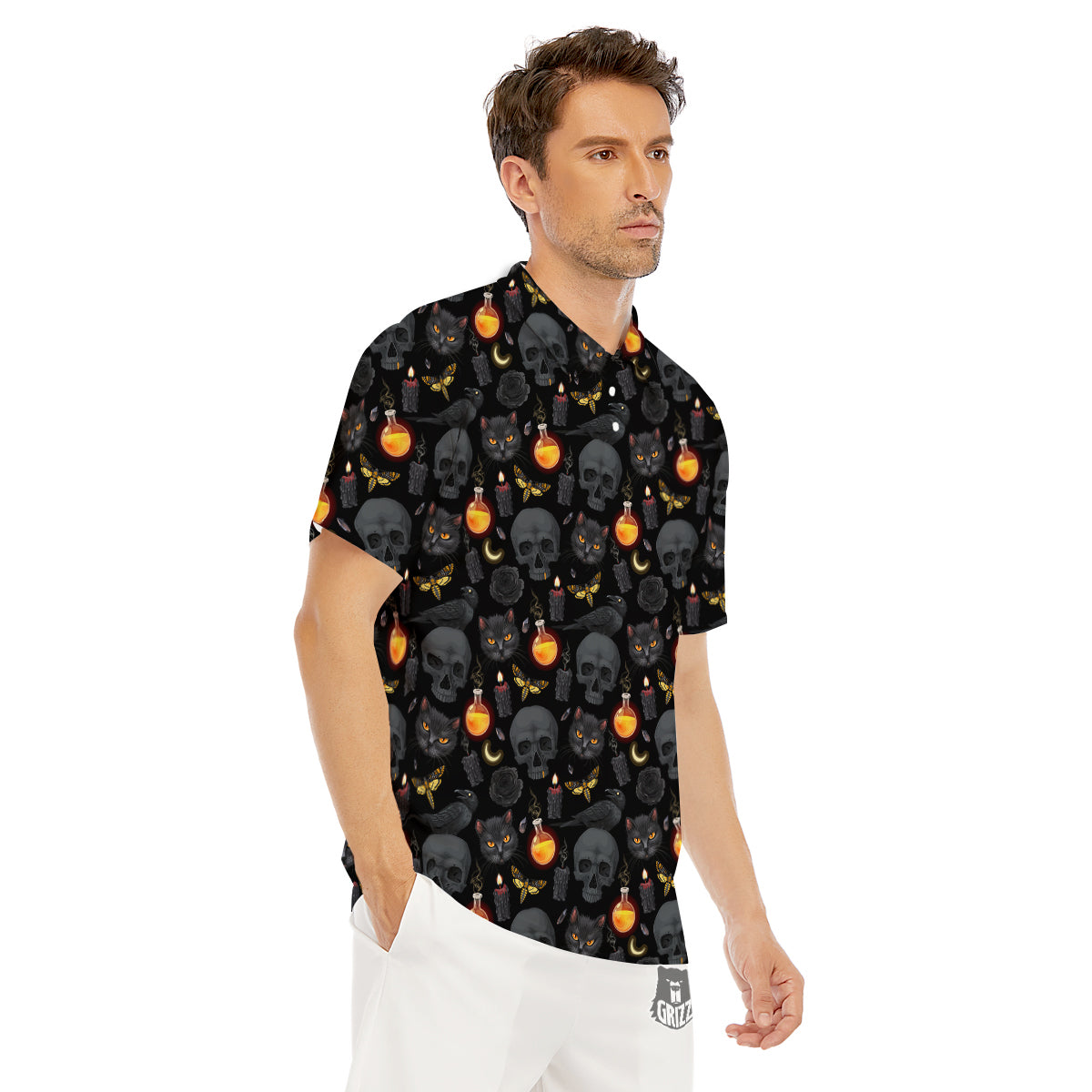 Black Head Cat Raven And Skull Print Pattern Men's Golf Shirts-grizzshop