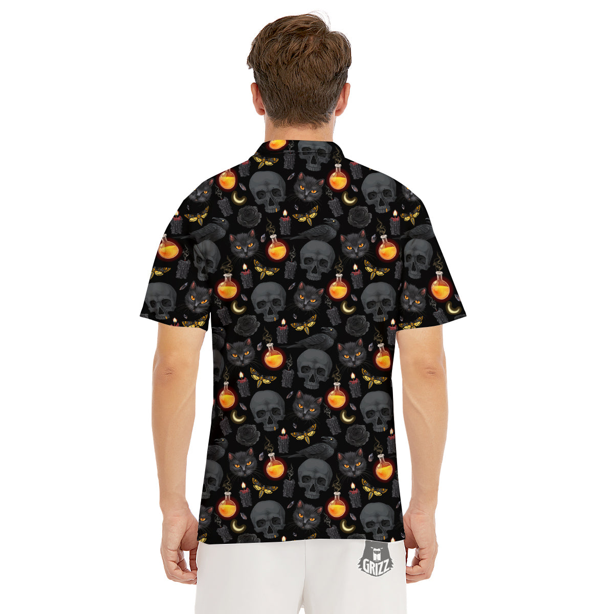 Black Head Cat Raven And Skull Print Pattern Men's Golf Shirts-grizzshop