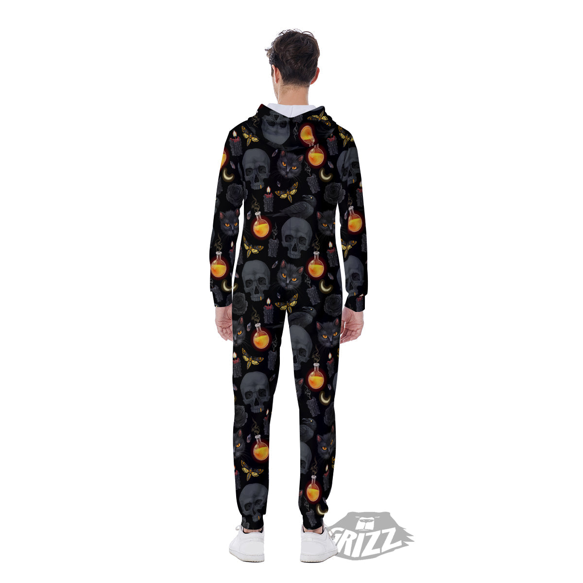 Black Head Cat Raven And Skull Print Pattern Men's Jumpsuit-grizzshop